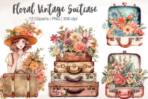 Download Floral Vintage Suitcase Watercolor - Suitcase watercolor Collection