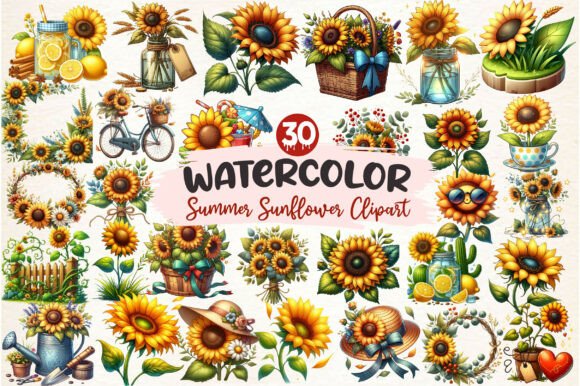 Download Watercolor Summer Sunflower Clipart - Premium Bundle