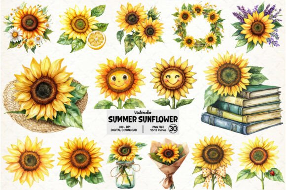 Download Watercolor Summer Sunflower Clipart - Premium Bundle
