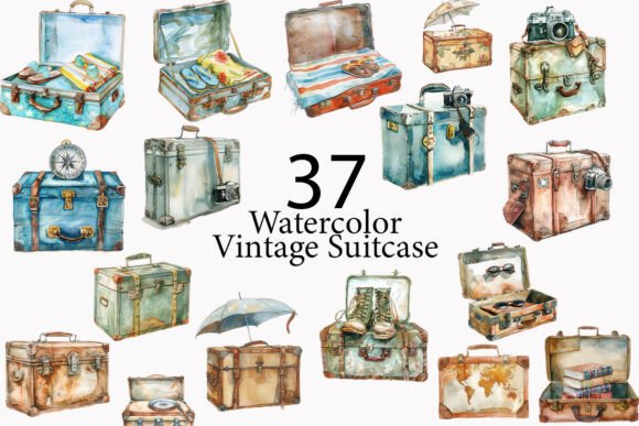 Download Vintage Suitcase Watercolor Clipart - Suitcase watercolor Collection